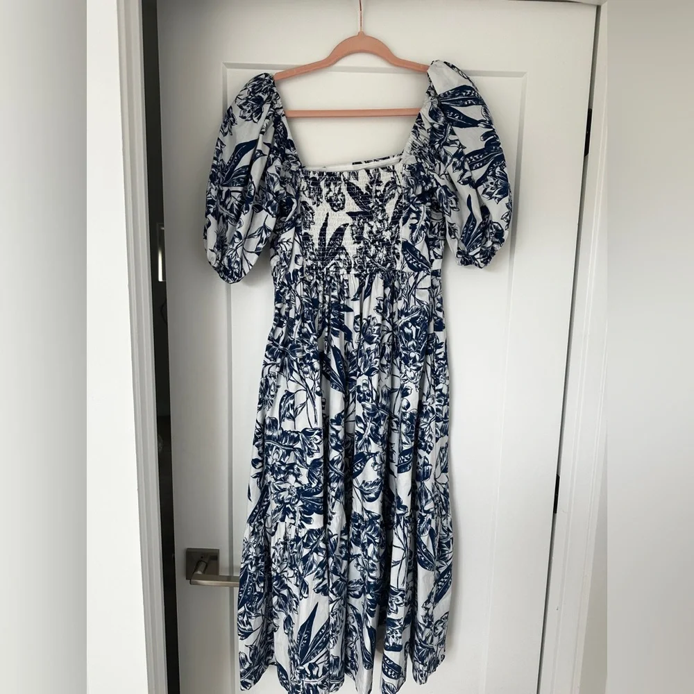 Abercrombie & Fitch Emerson Poplin Puff Sleeve Midi Dress in Blue Floral M - Picture 5 of 10